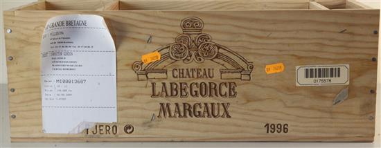 A cased Jeroboam (Bordeaux) of Chateau Labegorce, Margaux 1996 (lacking lid)